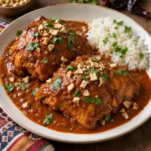 Chicken in roasted peanut sauce with chopped peanuts and cilantro