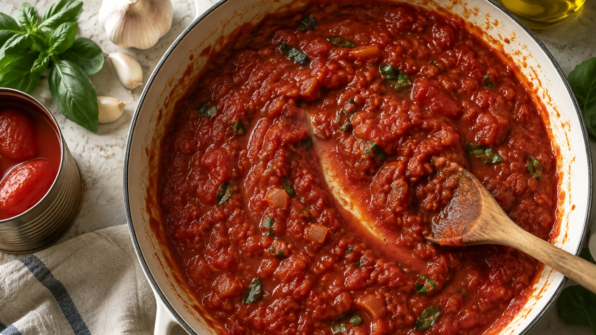 Tomato basil pomodoro sauce simmering in a wide white pan