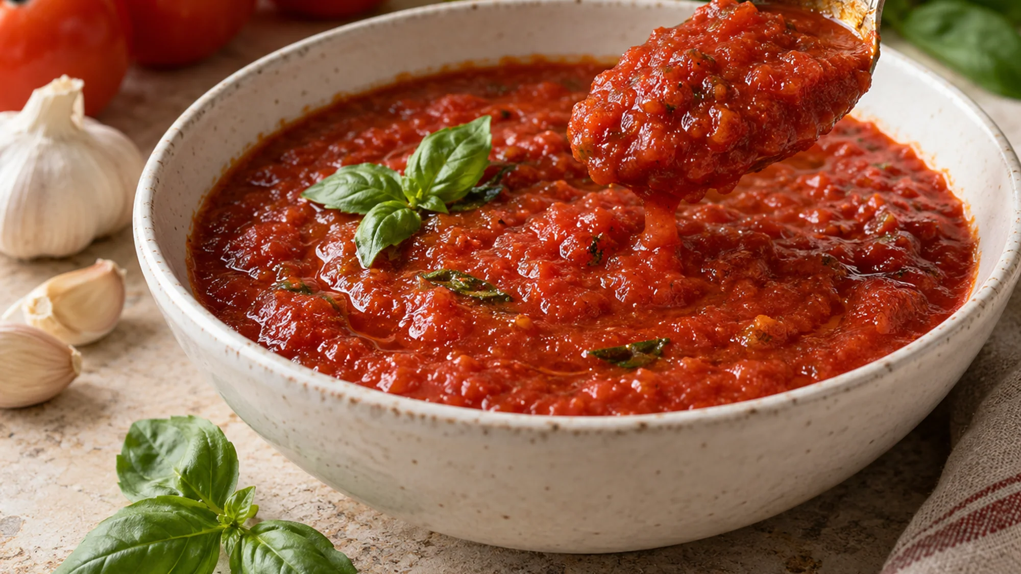 Wooden spoon lifting thick pomodoro sauce with fresh basil from a white bowl