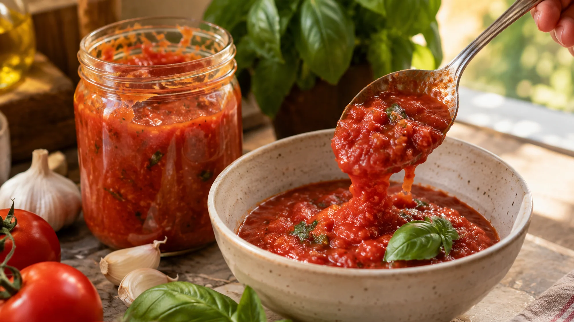 Spoon lifting chunky pomodoro sauce beside a jar and fresh basil