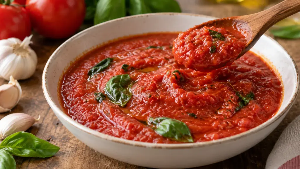 Chunky red pomodoro sauce with basil and a wooden spoon in a white bowl
