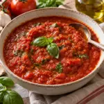 Thick tomato pomodoro sauce with fresh basil in a white bowl
