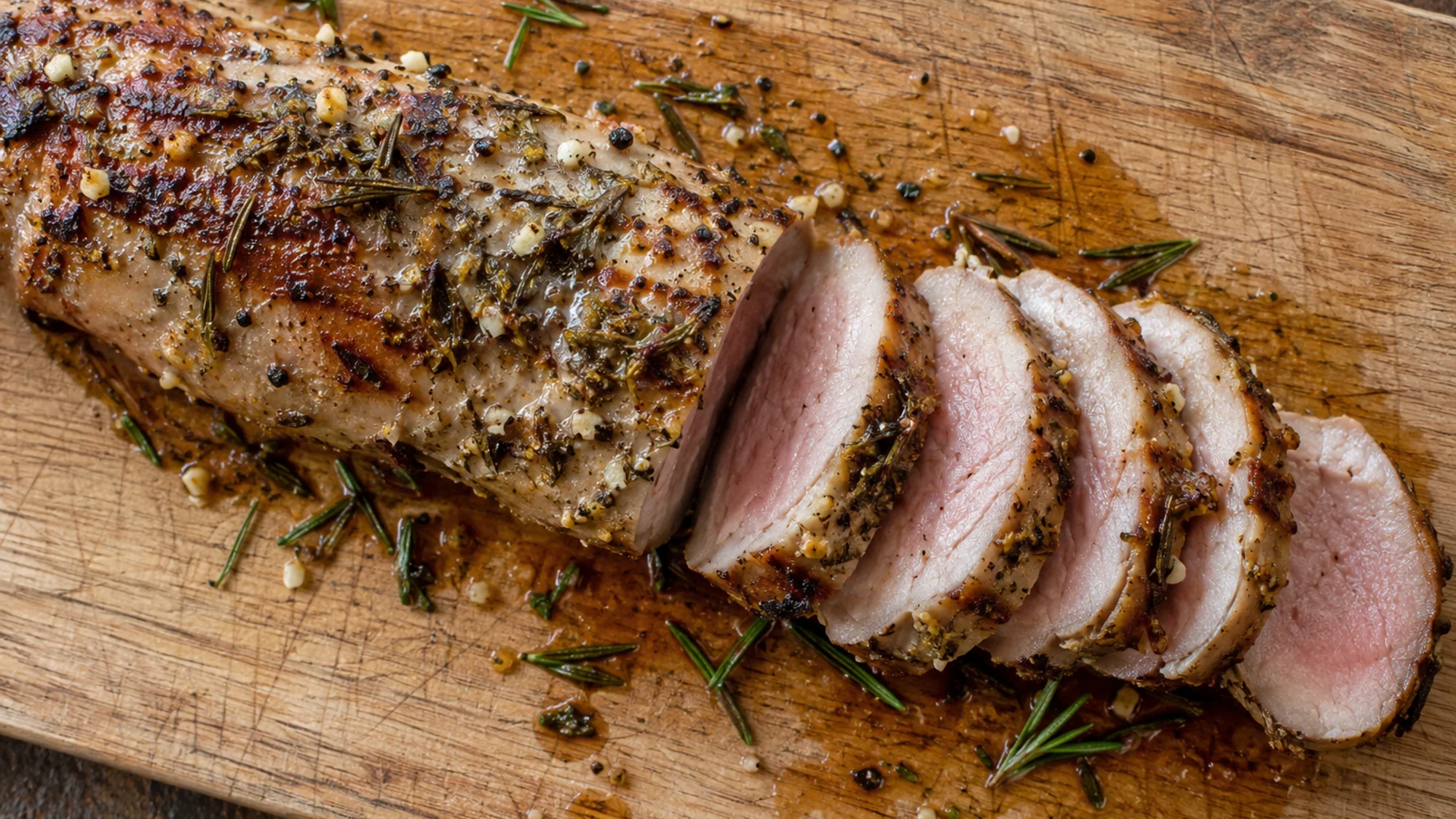 Sliced roasted pork fillet on a board