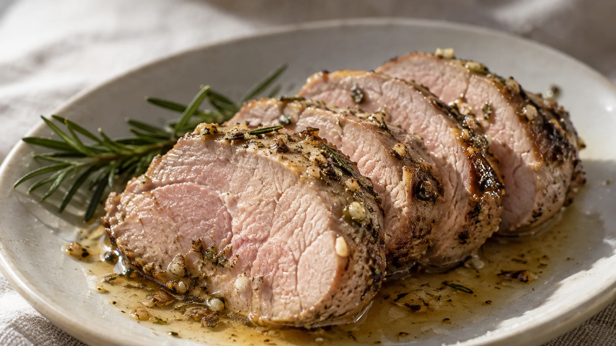 Sliced pork fillet with rosemary and garlic pan juices