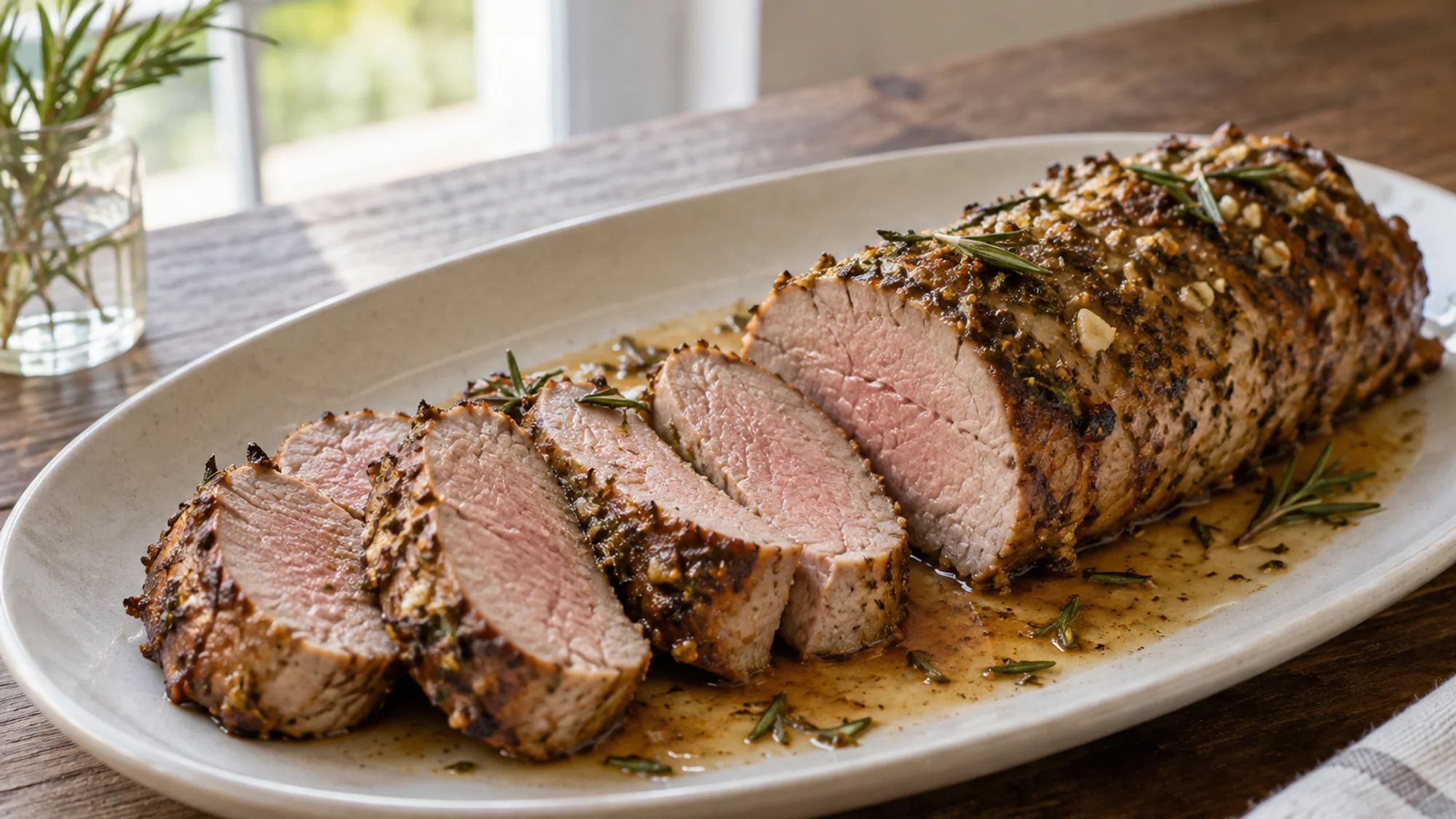 Garlic rosemary pork fillet sliced on a platter with pan juices