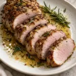 Sliced garlic rosemary pork fillet with pan juices on a white plate