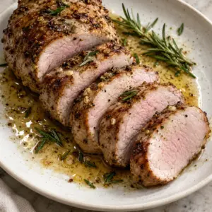 Sliced garlic rosemary pork fillet with pan juices on a white plate