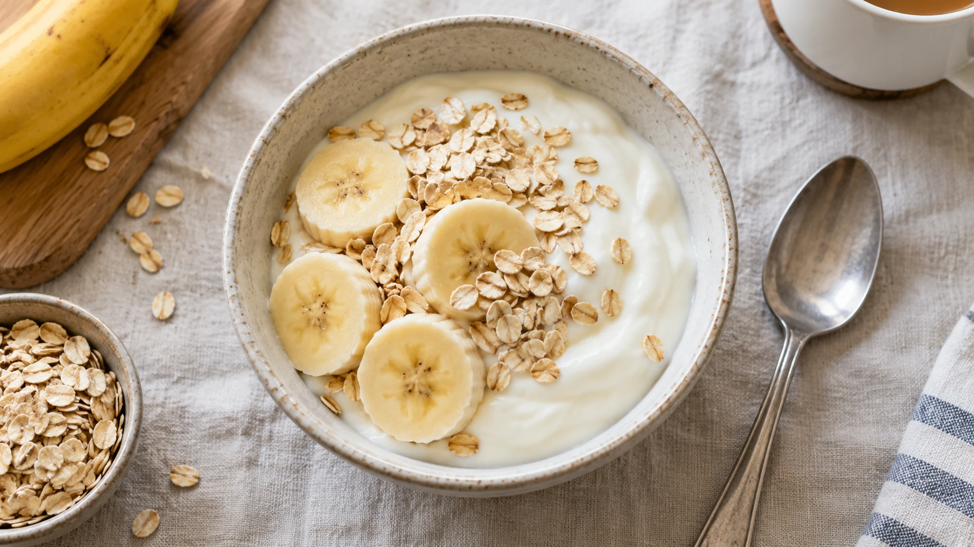Plain yogurt topped with banana slices and oats