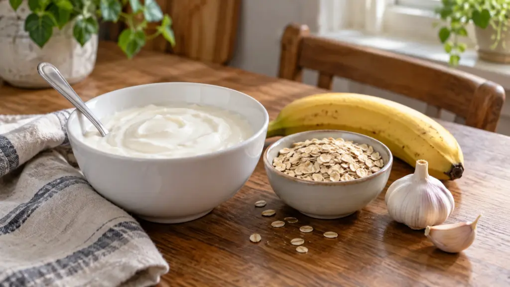 Plain yogurt beside a small bowl of oats and fresh plant foods