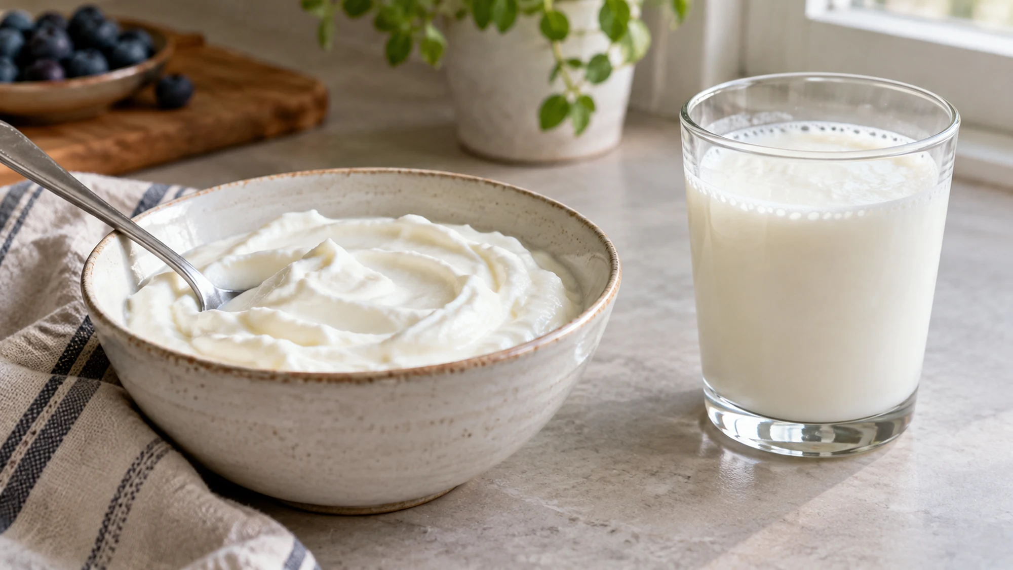 A bowl of plain yogurt and a glass of kefir on a pale kitchen counter