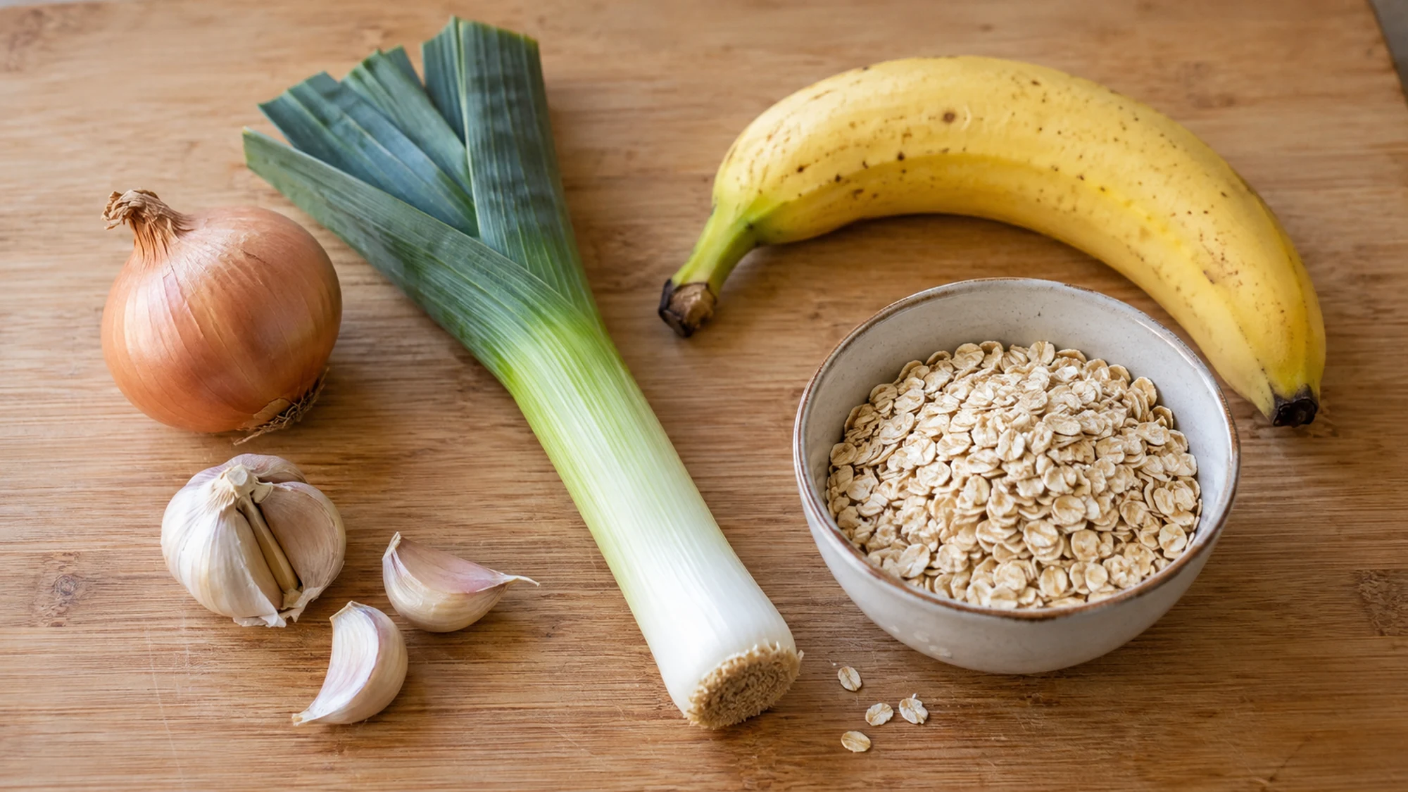 Onions, garlic, a leek, a banana and rolled oats on a kitchen board
