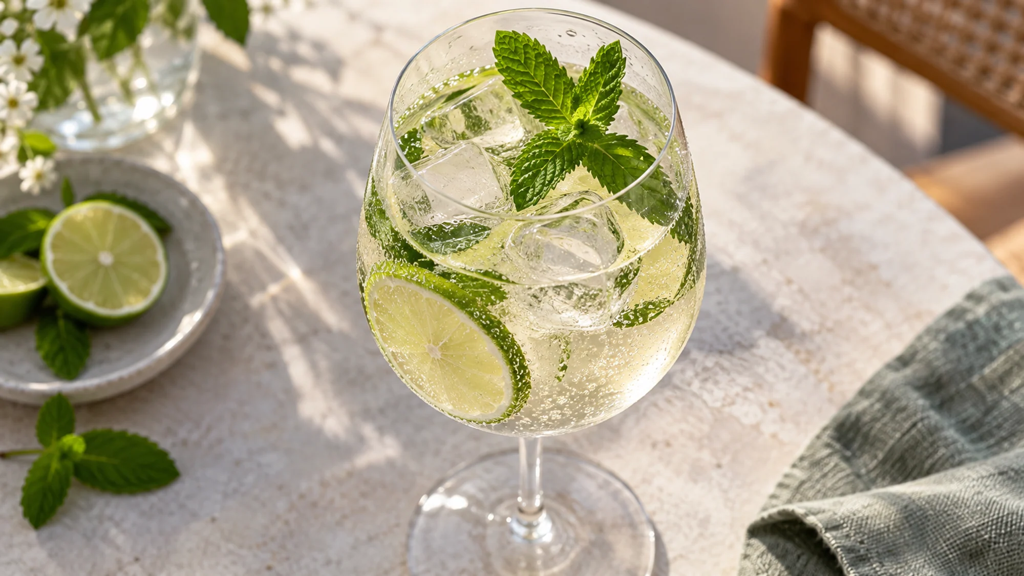 Overhead view of a mint and lime Hugo spritz in a wine glass