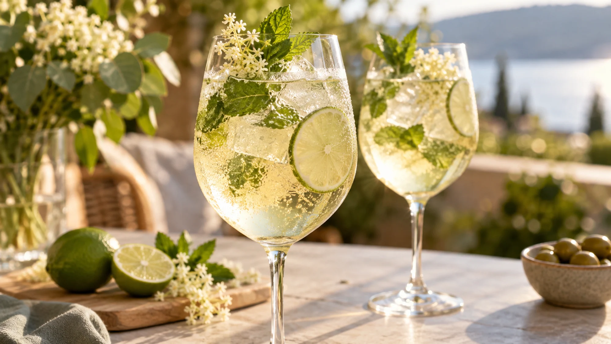 Two Hugo spritz cocktails with lime and mint on an outdoor table