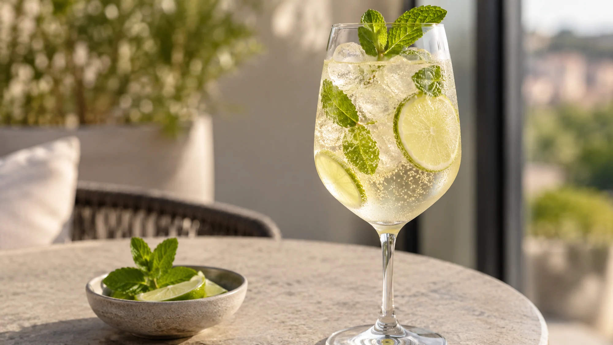 Close side view of sparkling Hugo spritz with mint and lime