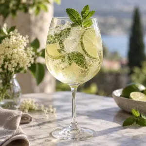 Square portrait of a Hugo spritz cocktail in a wine glass