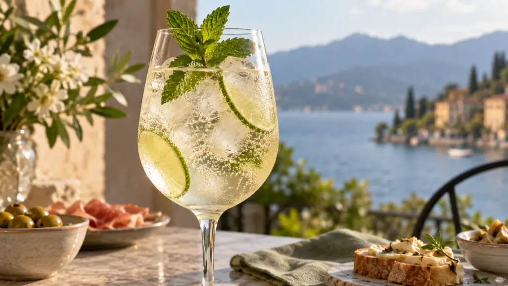 Hugo spritz in a wine glass with Prosecco, mint and lime