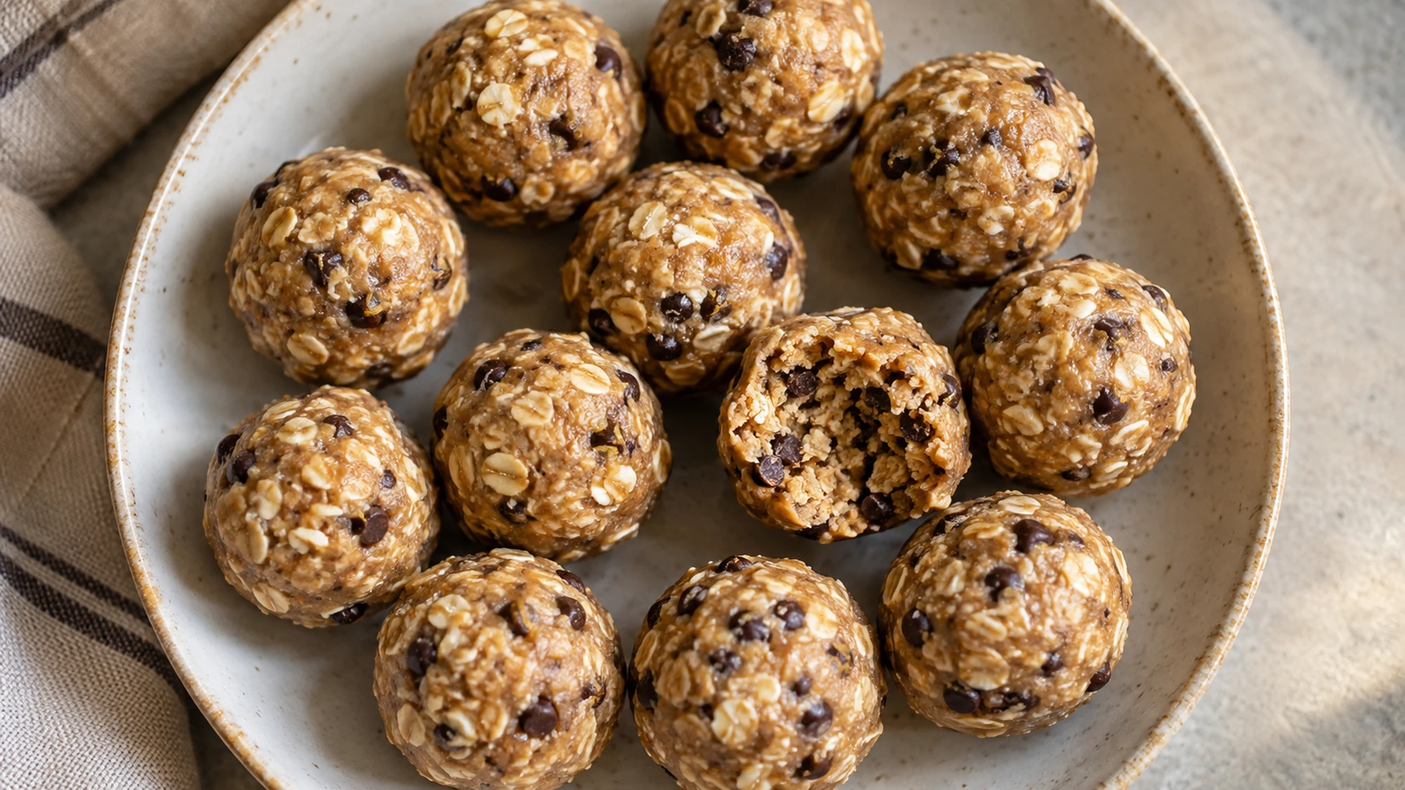 Overhead bowl of peanut butter oat protein balls with mini chocolate chips, one opened to show the chewy middle.