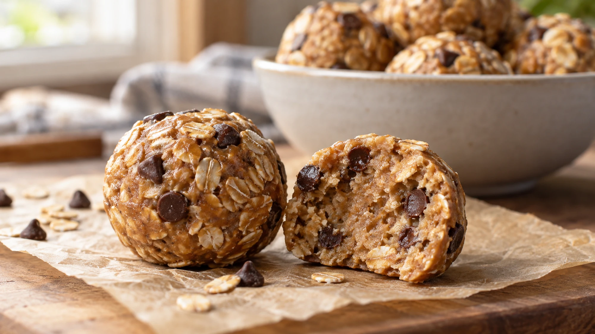 Close side view of two peanut butter oat protein balls with one cut open to reveal a soft center.