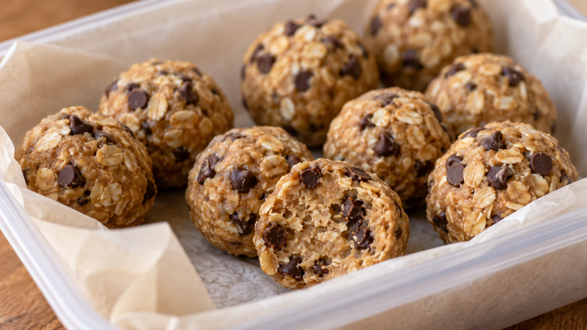 Parchment-lined container of finished peanut butter oat protein balls ready to chill.