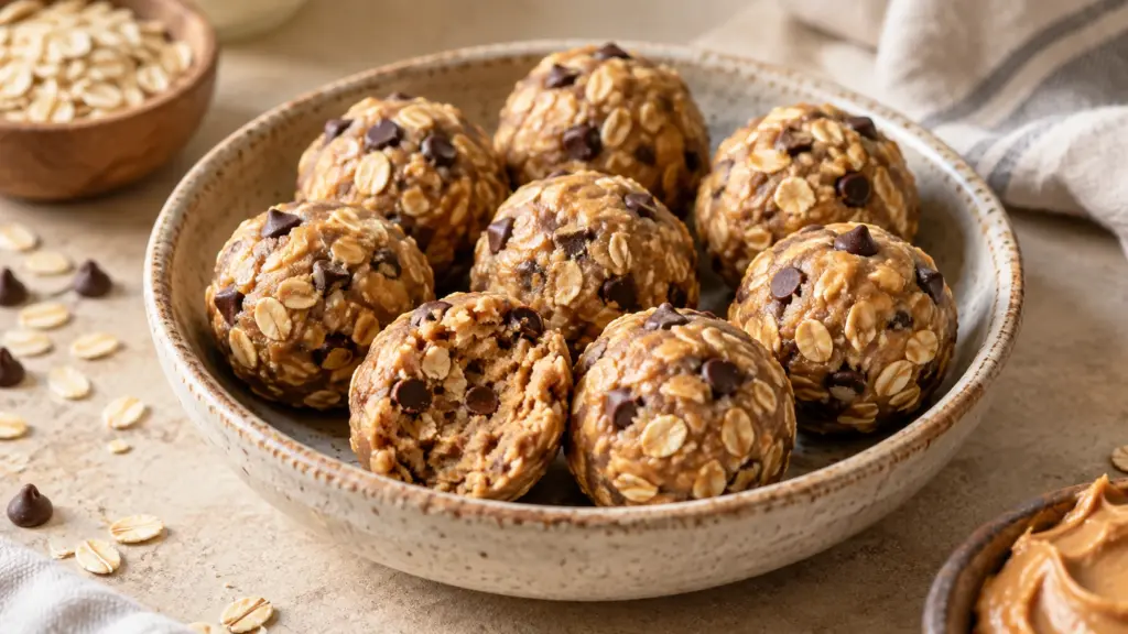 Peanut butter oat protein balls with mini chocolate chips