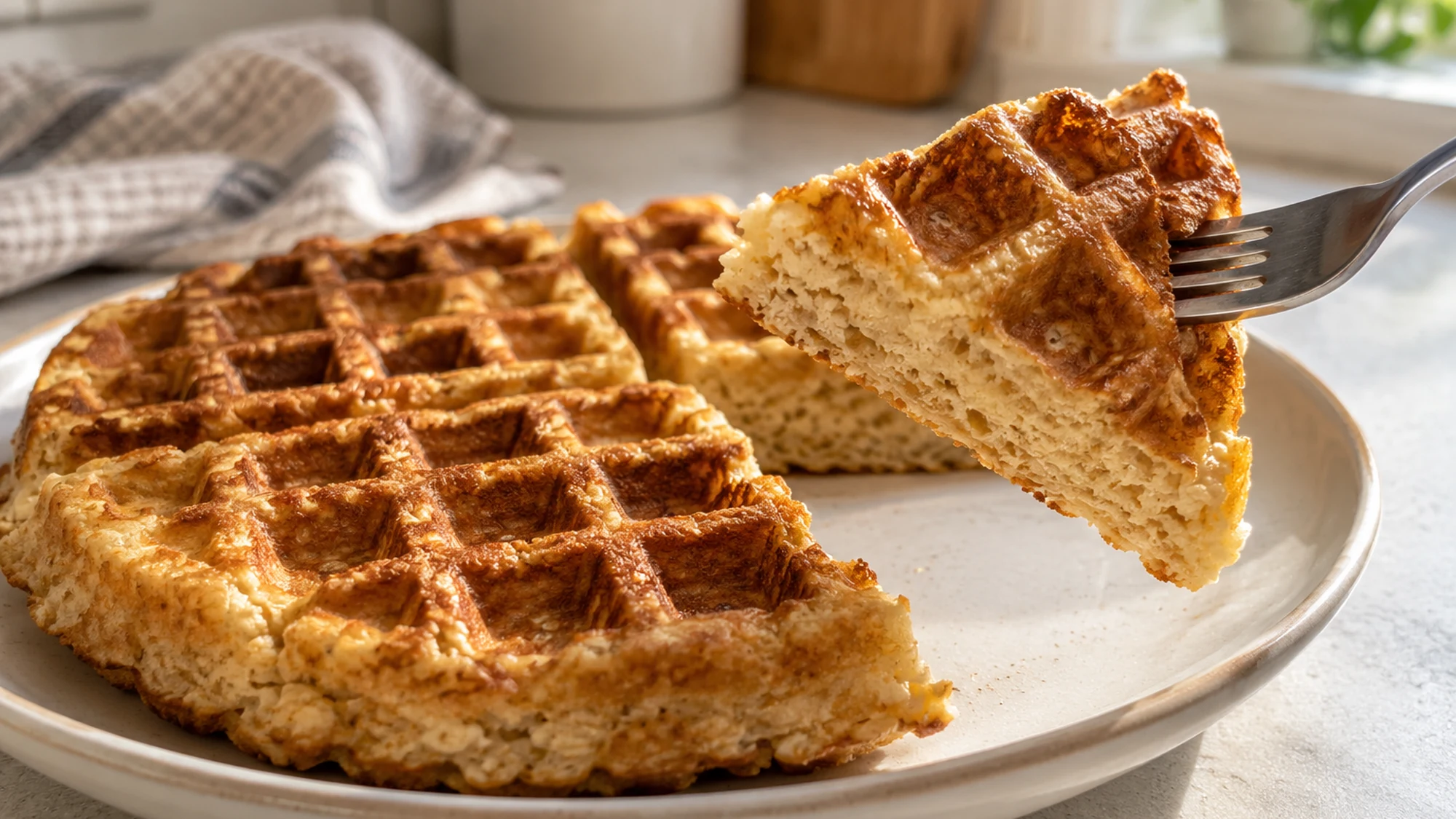 A fork lifting a protein waffle triangle with a tender oat interior.