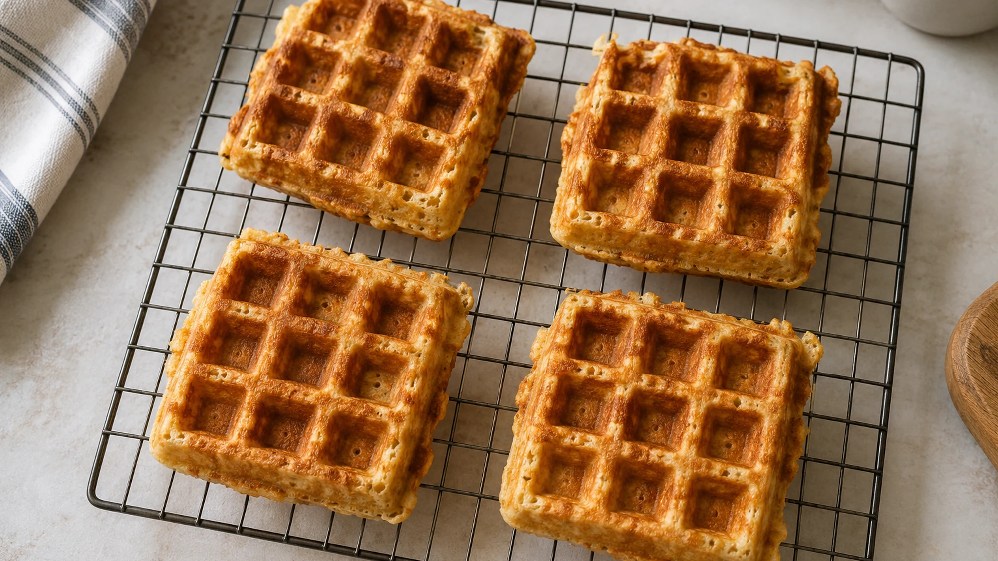 Four golden protein waffles cooling on a wire rack.