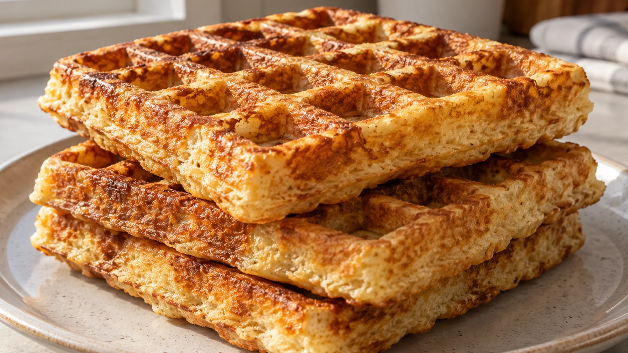A short stack of golden protein waffles showing browned edges.