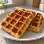 Two golden protein waffles overlapping on a white plate.