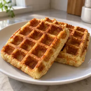 Two golden protein waffles overlapping on a white plate.