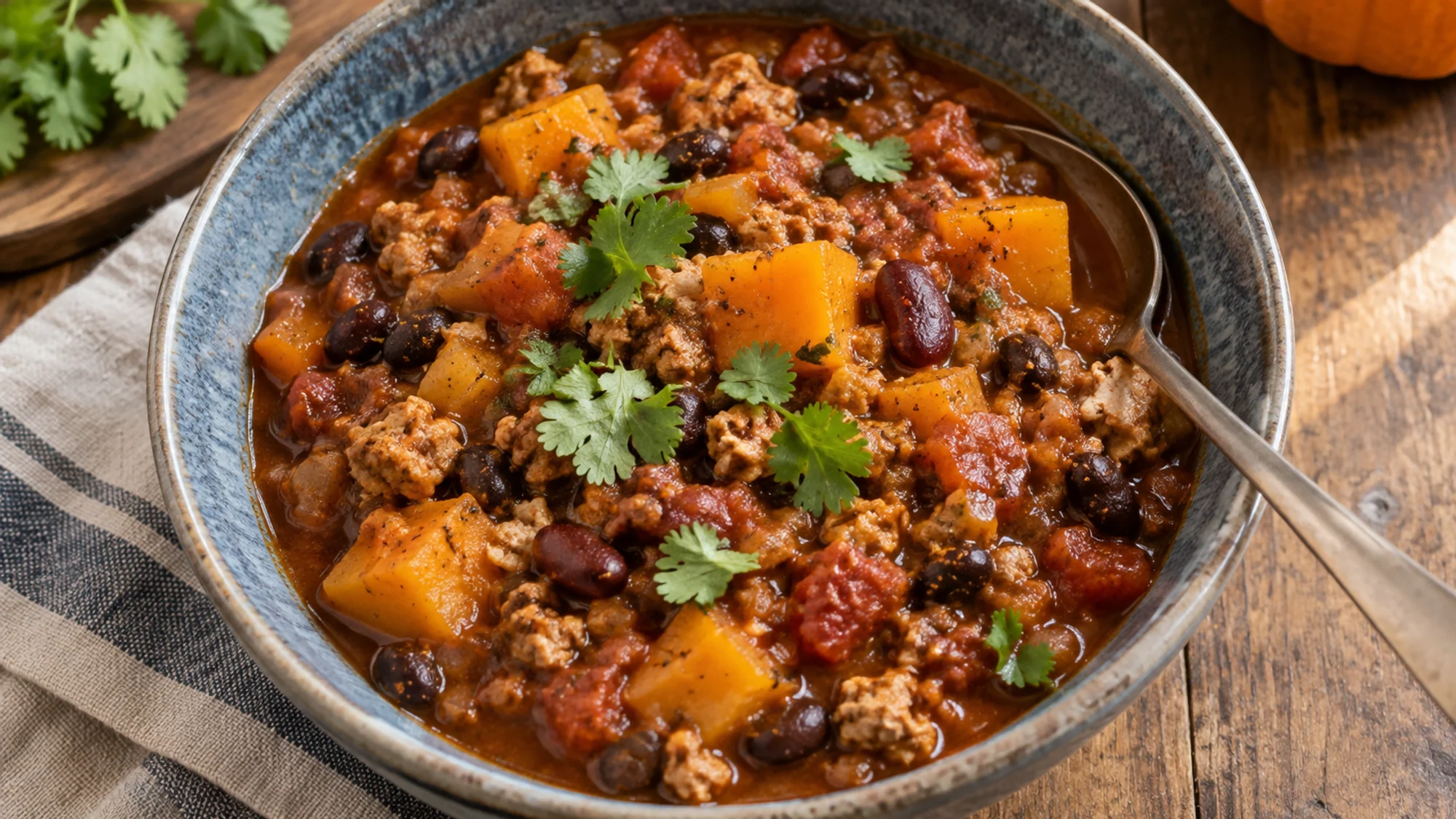 Overhead pumpkin chili in a blue bowl with black and kidney beans