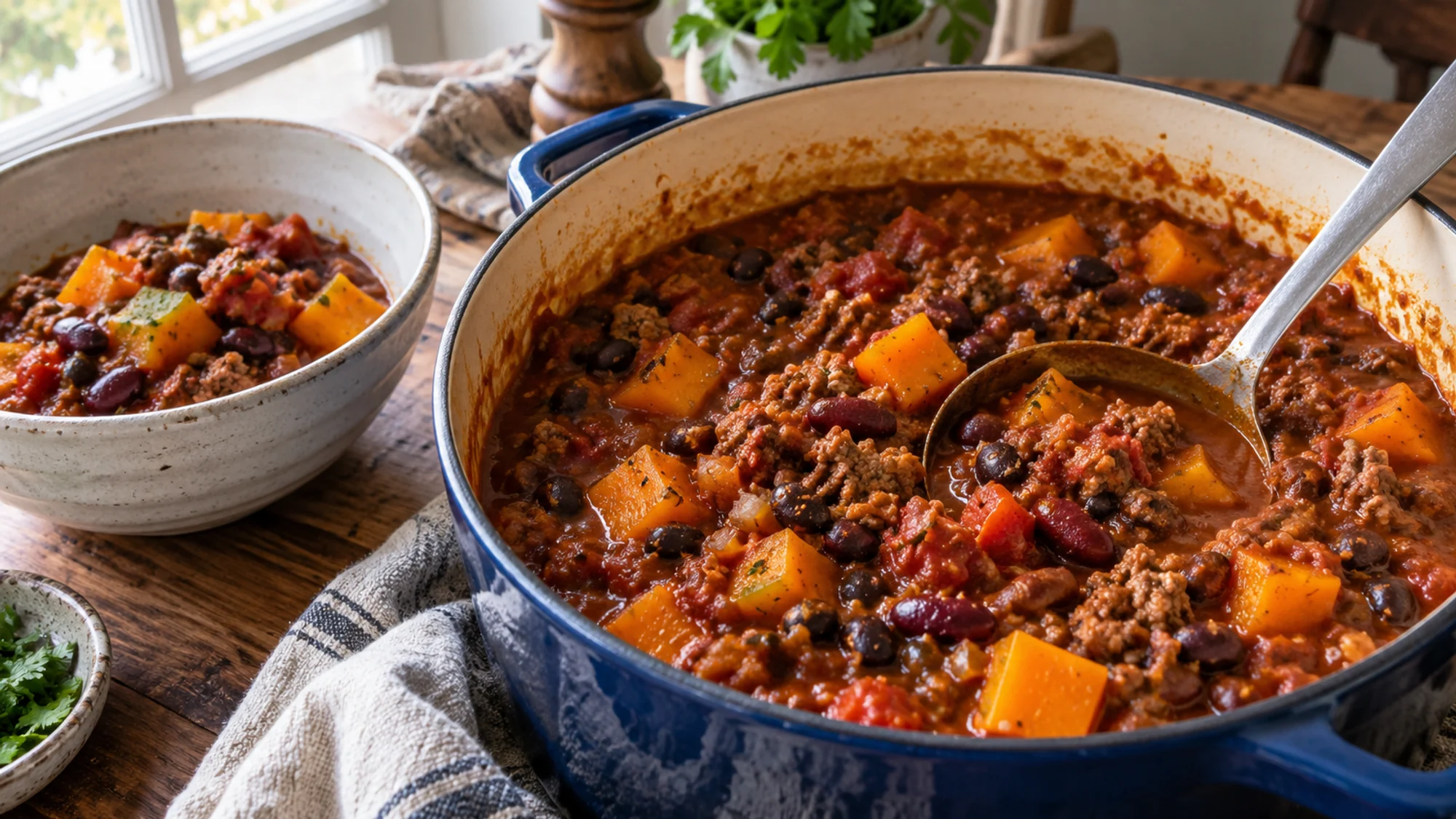 Pumpkin chili simmering in a Dutch oven beside a serving bowl