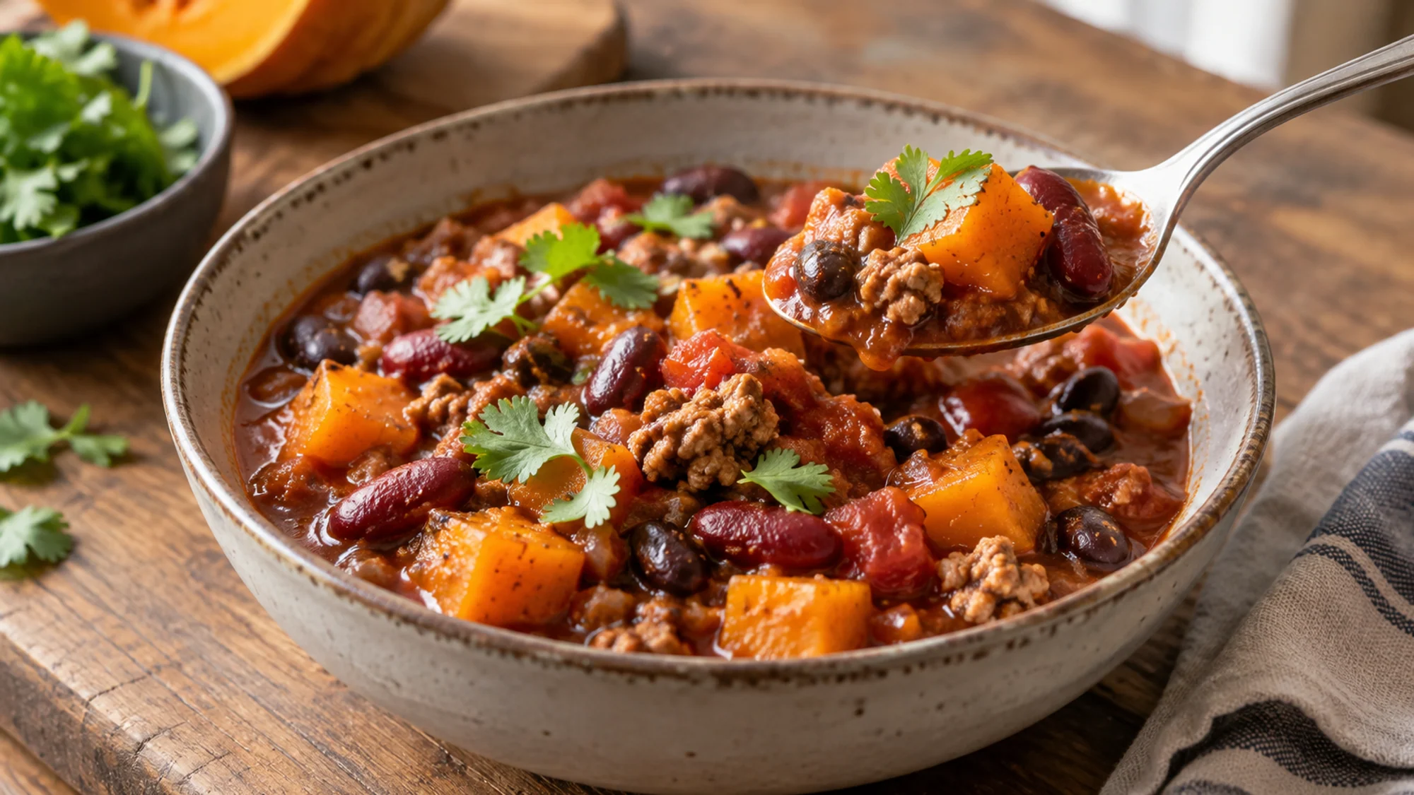 Spoon lifting turkey, beans and tender pumpkin from chili