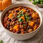 Square bowl of finished pumpkin chili with cilantro