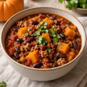 Square bowl of finished pumpkin chili with cilantro