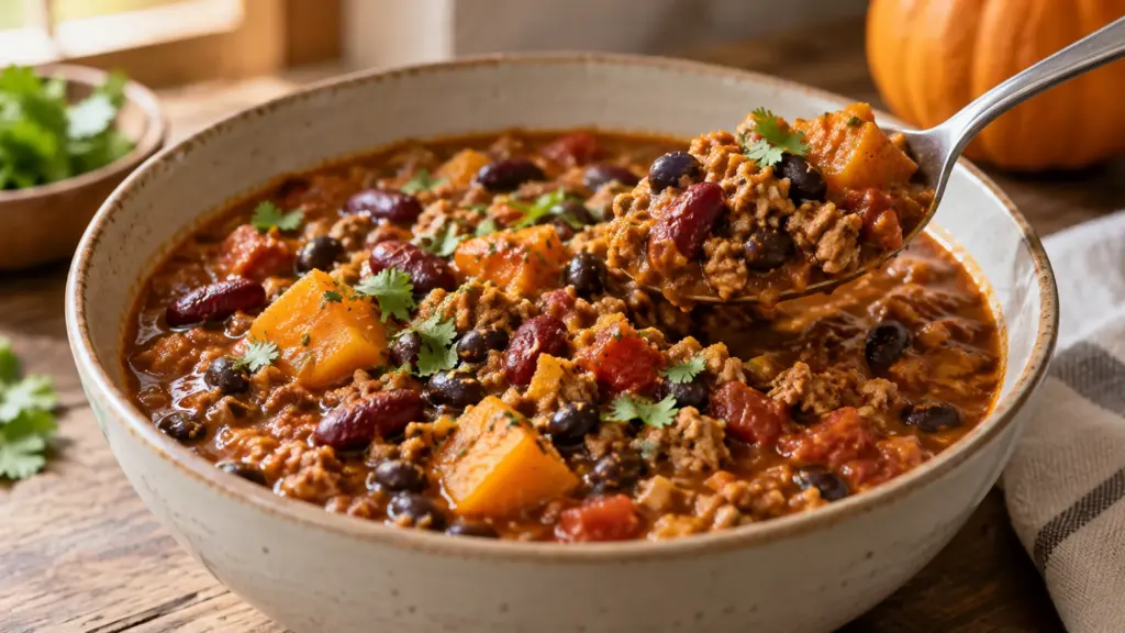 Bowl of pumpkin chili with turkey, beans, tomatoes and pumpkin pieces