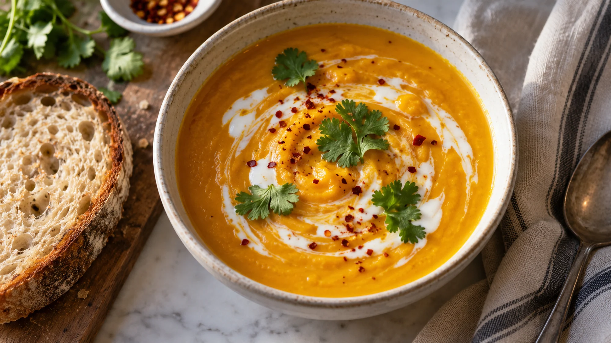 Overhead bowl of pumpkin coconut soup beside crusty bread
