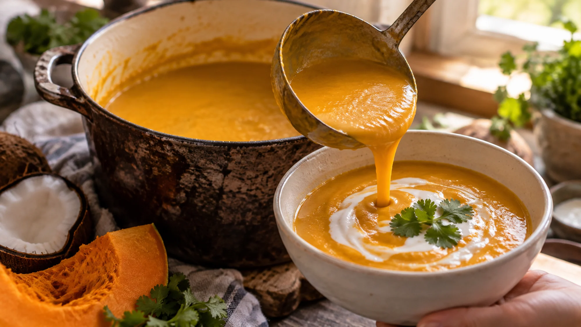Pumpkin coconut soup ladled from a pot into a bowl