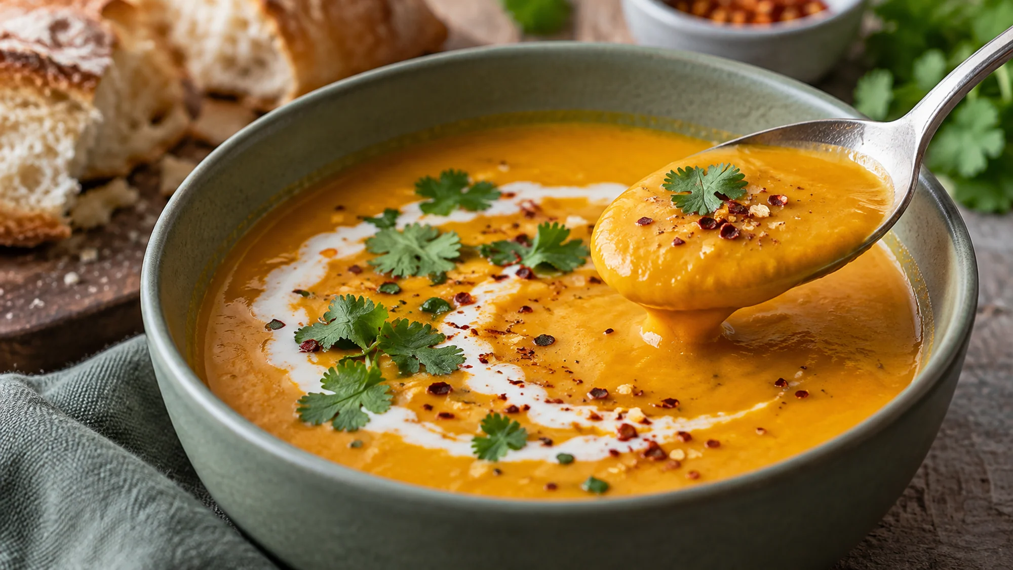 Spoonful of creamy pumpkin coconut soup with cilantro and chile
