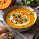 Square portrait of finished pumpkin coconut soup with coconut swirl