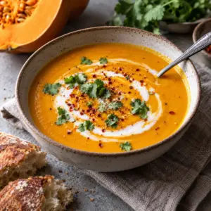 Square portrait of finished pumpkin coconut soup with coconut swirl