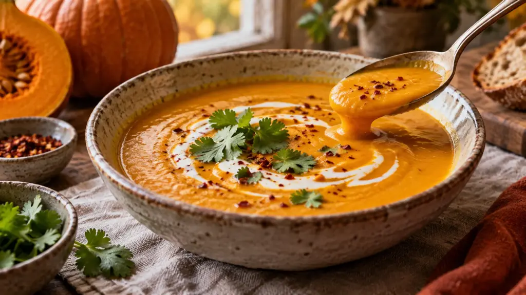 Velvety pumpkin coconut soup with a coconut swirl and spoon