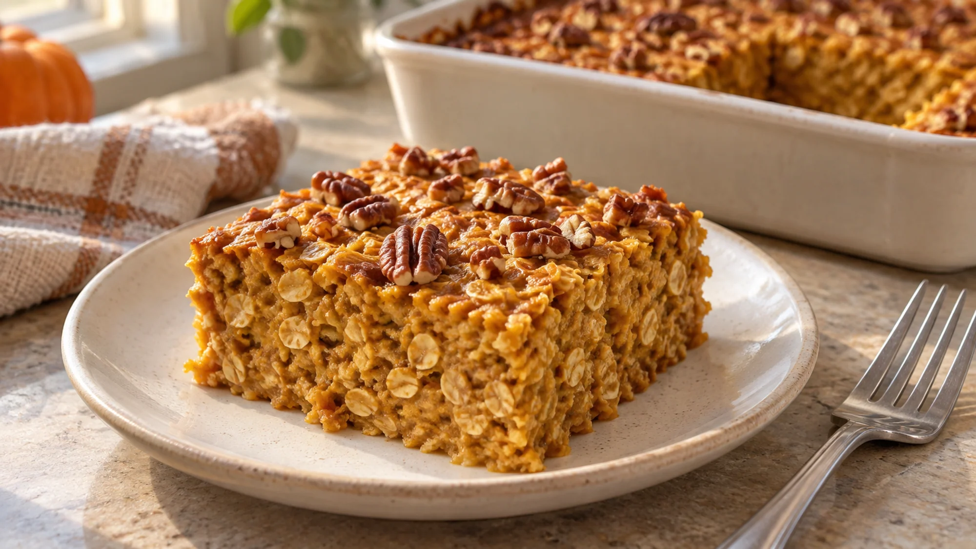 Tender pumpkin baked oatmeal slice beside the pan, showing whole rolled oats and a pecan top