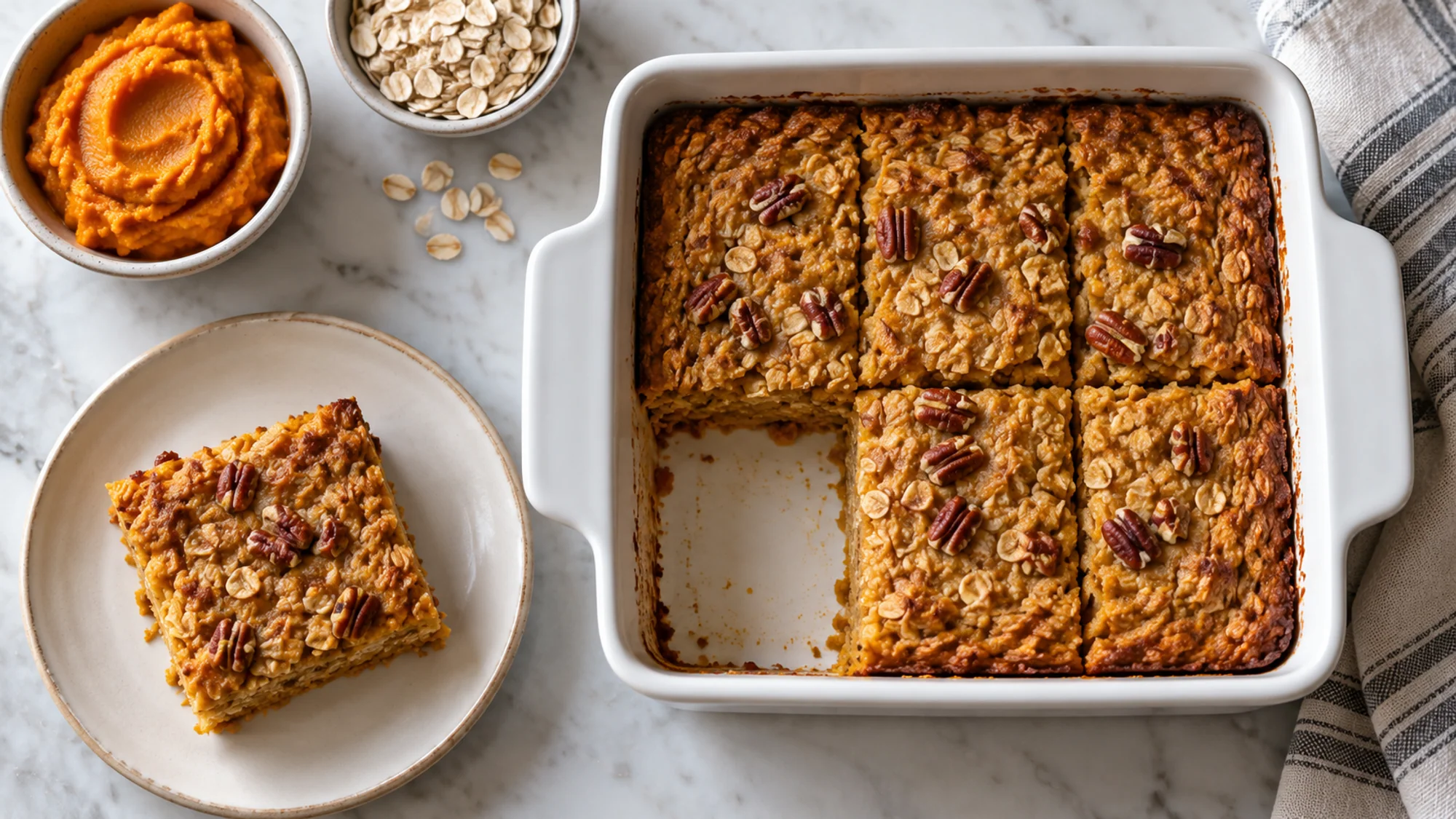 Pumpkin cottage cheese baked oatmeal portion served warm with a spoon and toasted pecans