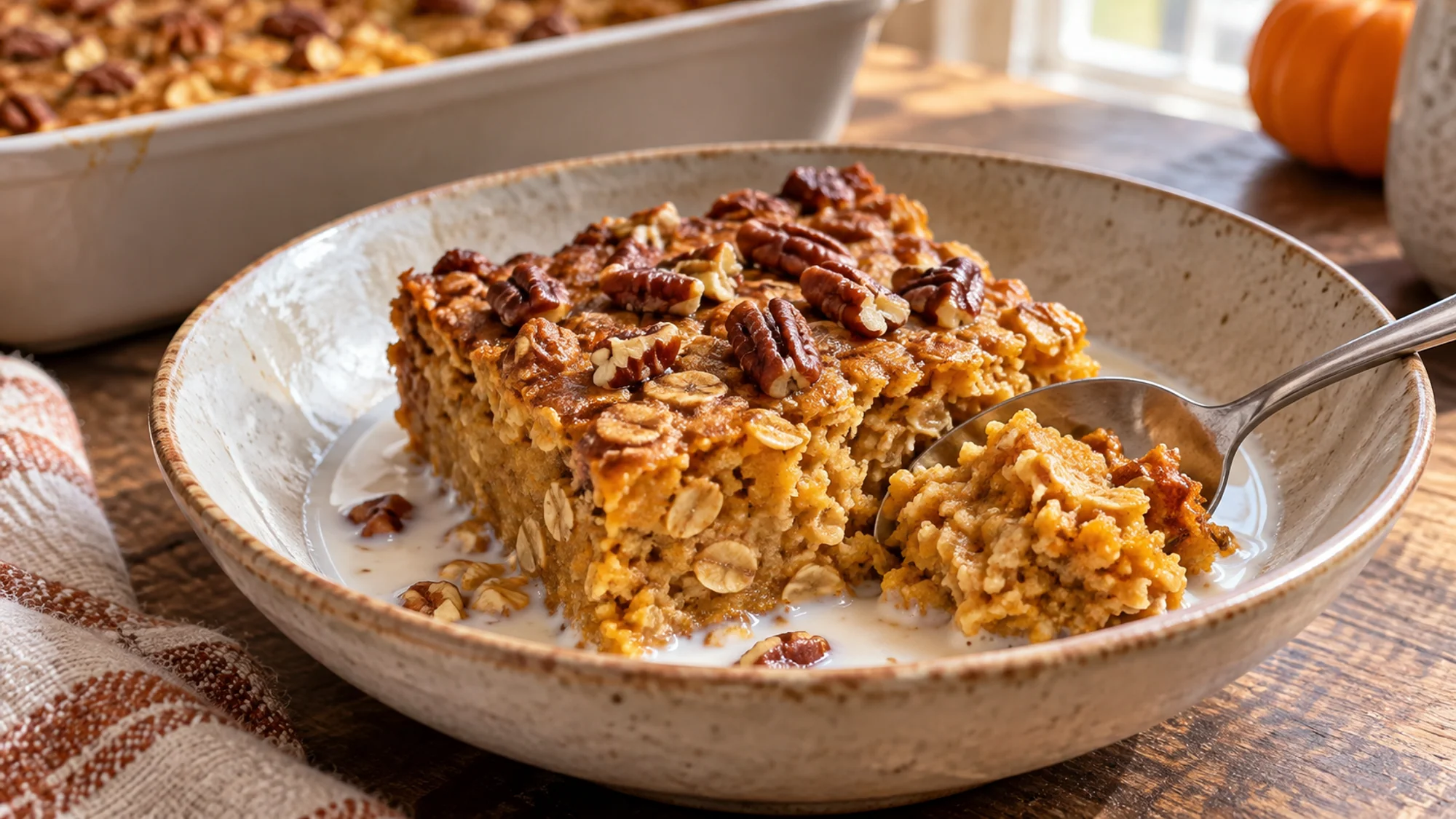 Prepared portions of pumpkin cottage cheese baked oatmeal for make-ahead breakfasts