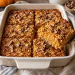 Square overhead view of pumpkin cottage cheese baked oatmeal topped with pecans
