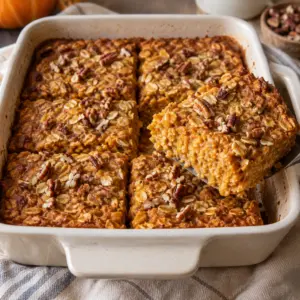 Square overhead view of pumpkin cottage cheese baked oatmeal topped with pecans