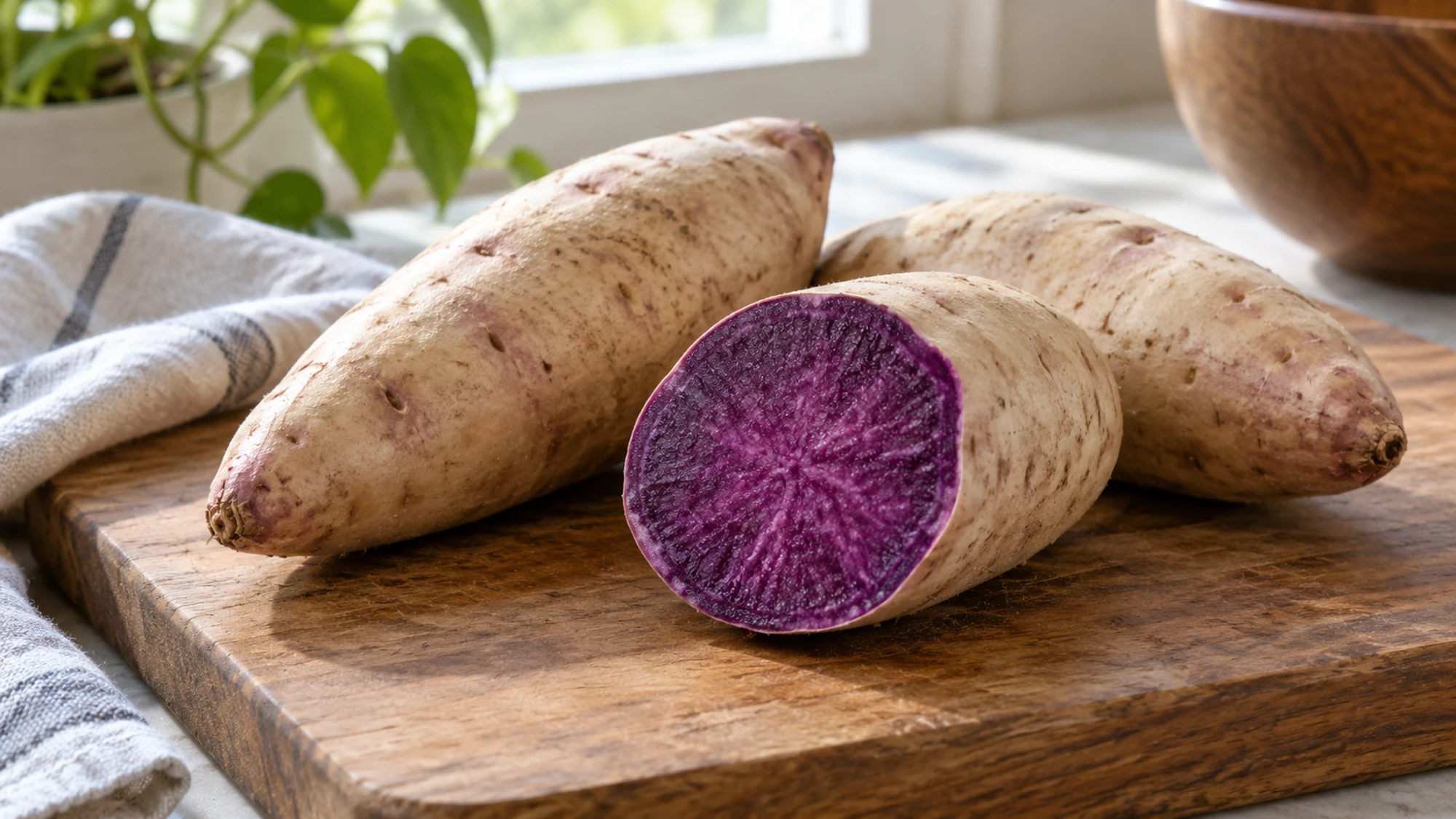 Cream-skinned raw purple sweet potatoes with one cut end revealing violet flesh.