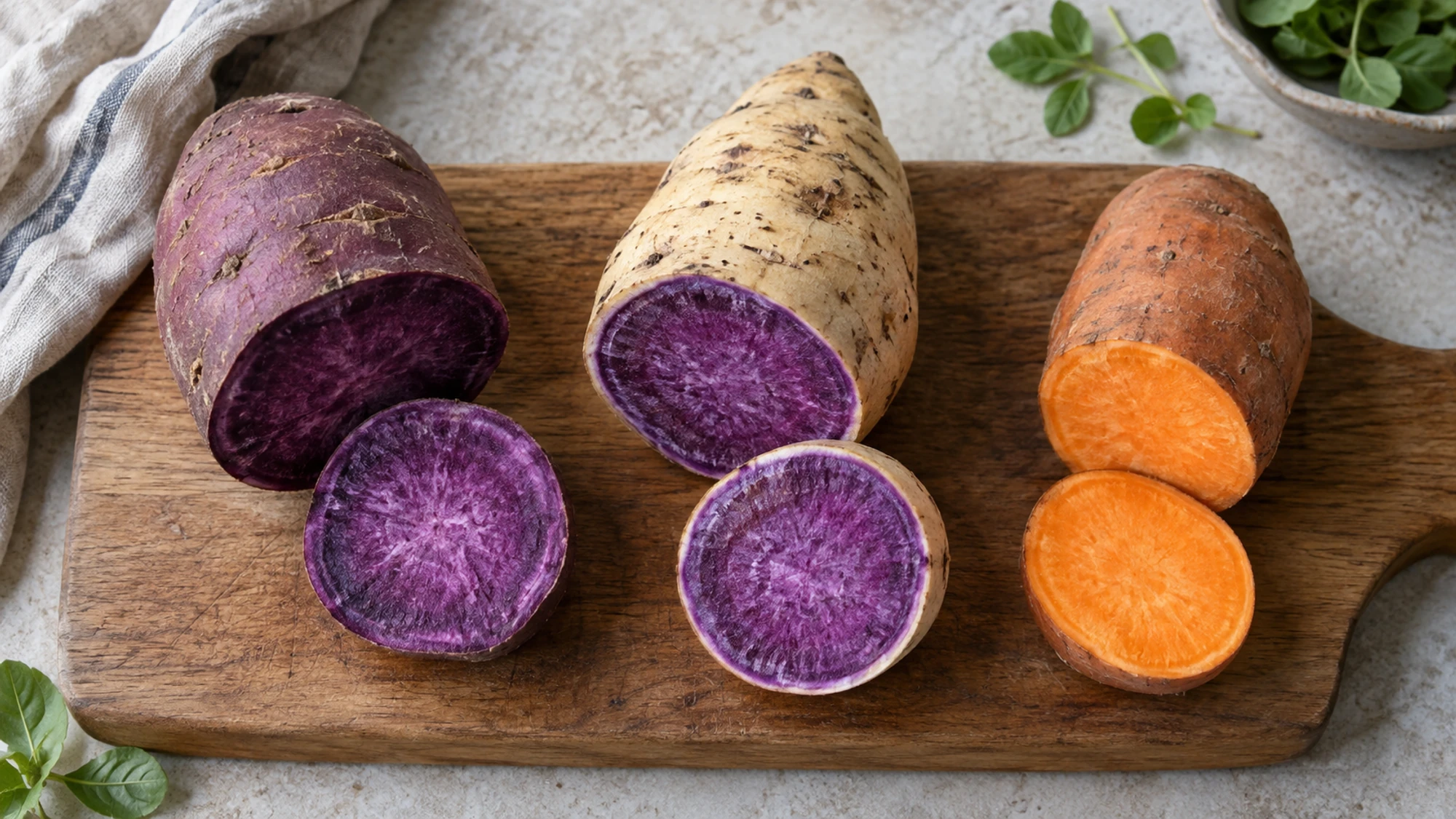 Purple-fleshed sweet potatoes with purple and beige skins beside an orange-fleshed variety.