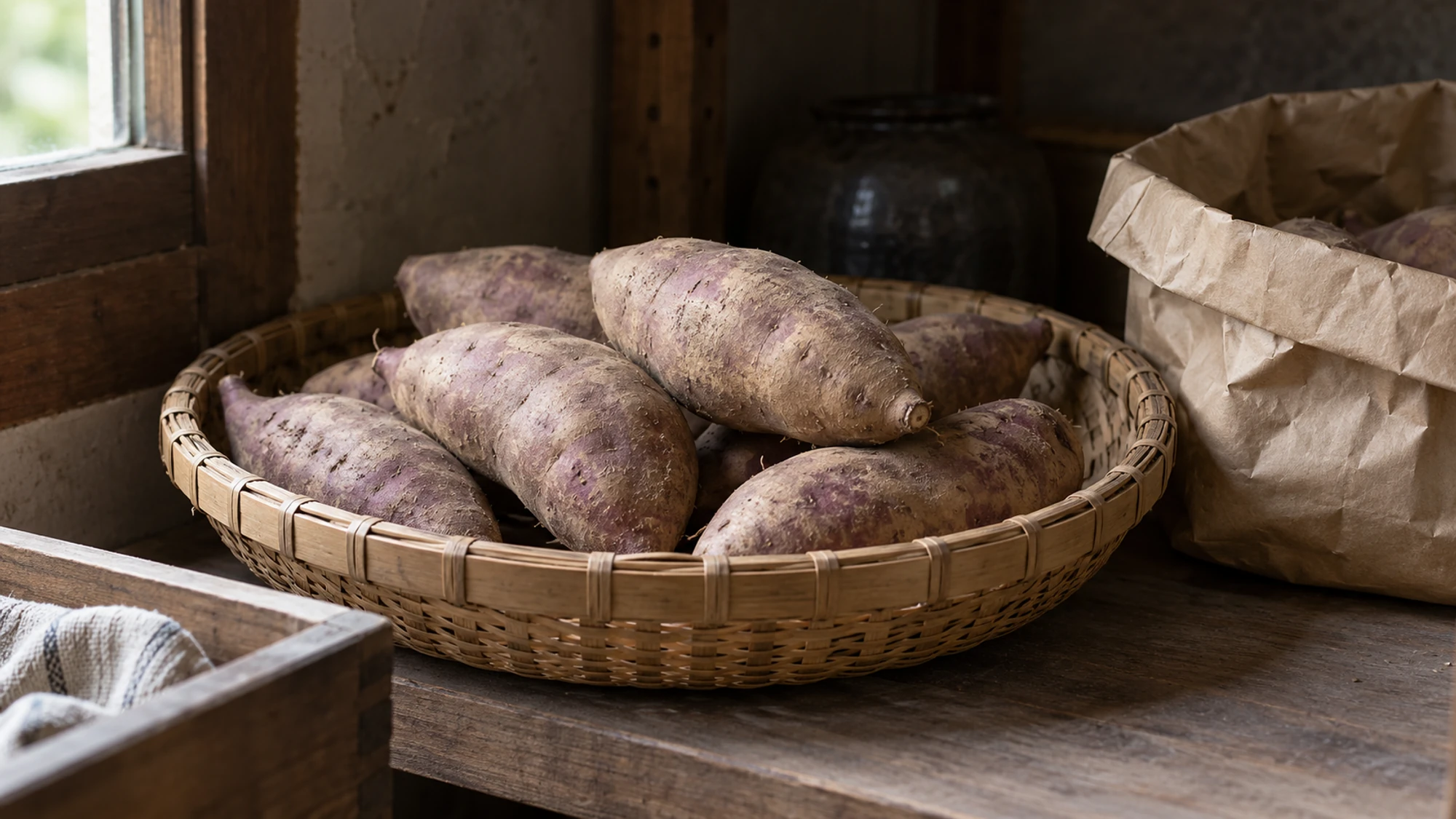 Whole purple sweet potatoes in an open woven basket in a dry pantry.