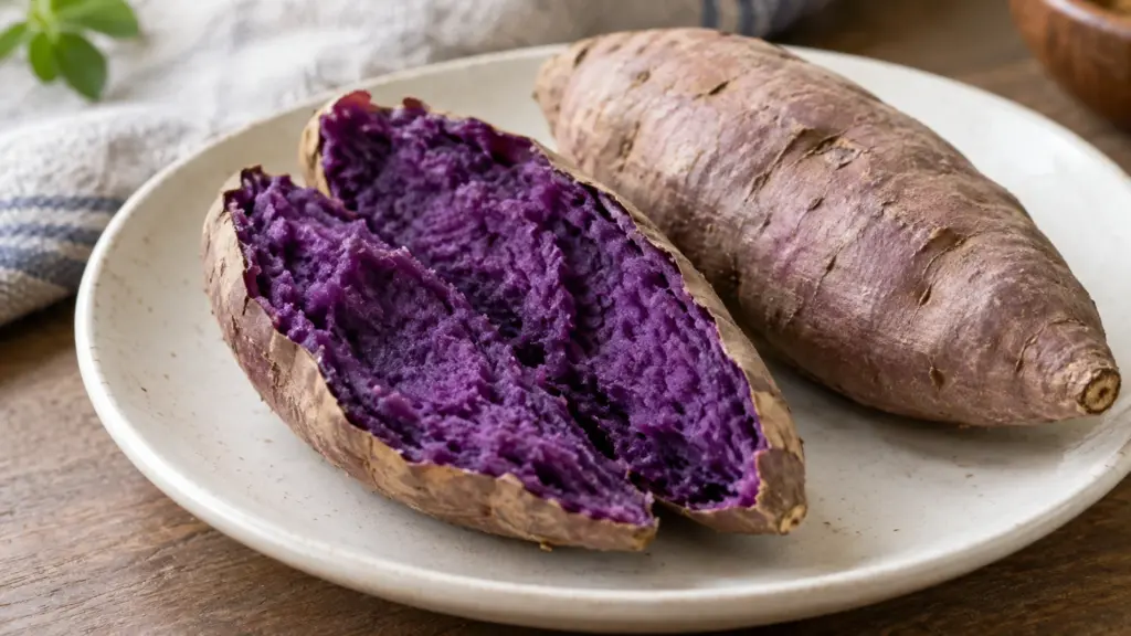 Baked purple sweet potato split open to show its deep violet interior.